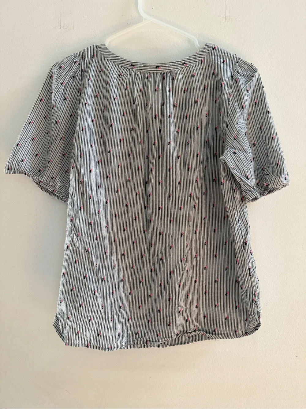 LOFT Striped Embroidered Puff Sleeve Cotton Blouse Small